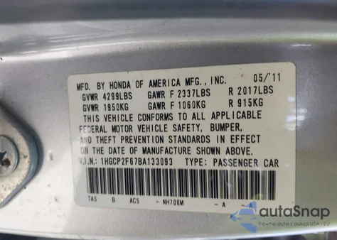 2011 Honda Accord 2.4 Se from USA, damaged, VIN 1HGCP2F67BA133093